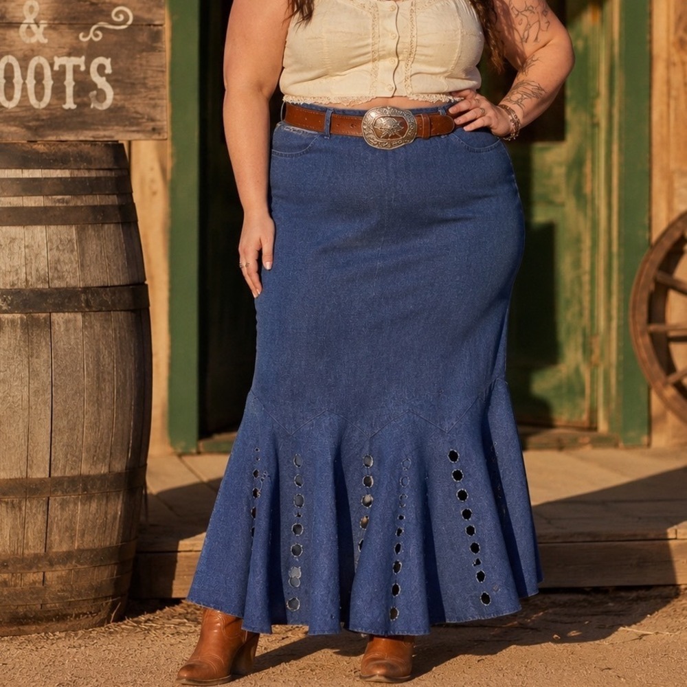Vtg Couture Inc Denim Mermaid Skirt Sz 18 Blue Laser Cut Eyelet Flared Maxi y2k